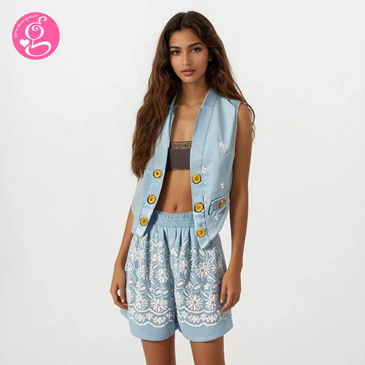 Cotton Embroidery Open Vest and Walking Shorts Set