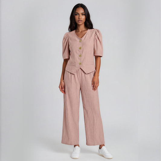 Textured Linen Filipiniana V Neck Blouse and Pants
