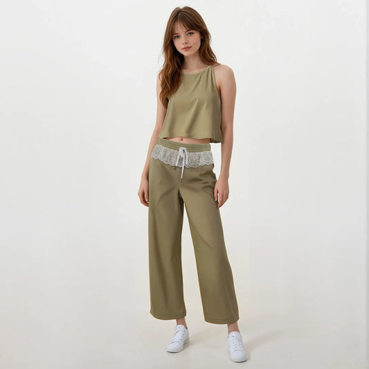 Lace Up Wide Leg Pants and Halter Top Set
