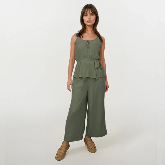Soft Linen Crepe Spaghetti Top Back Peek A Boo and Pants Set with Sash