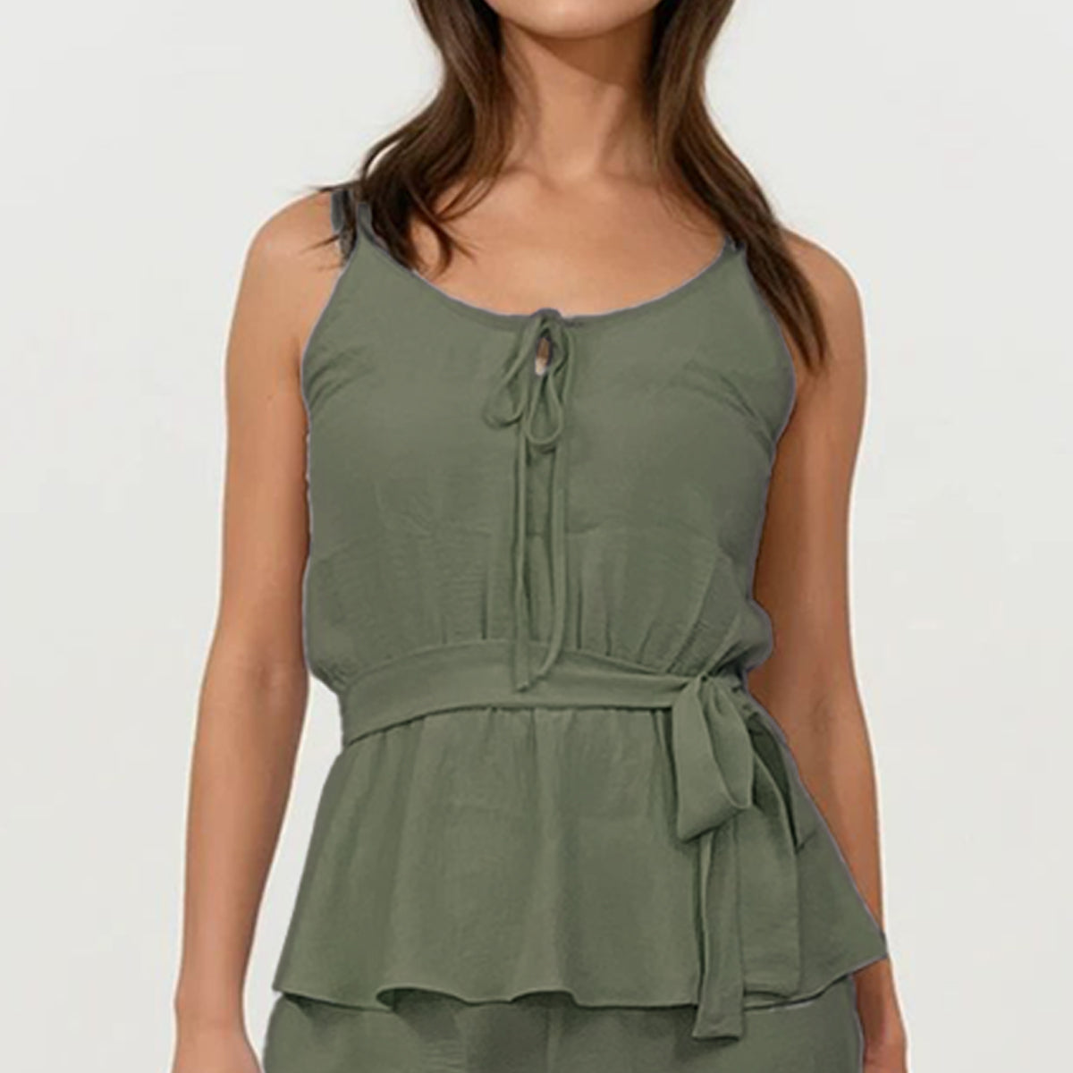 Soft Linen Crepe Spaghetti Top Back Peek A Boo and Pants Set with Sash