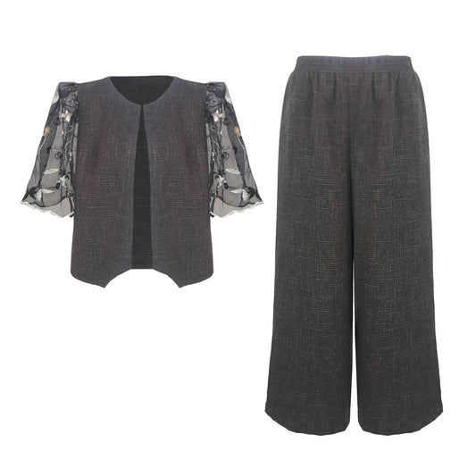 Linen Blend Sweet Vines Combo Modern Filipiniana Pants and Blouse Set
