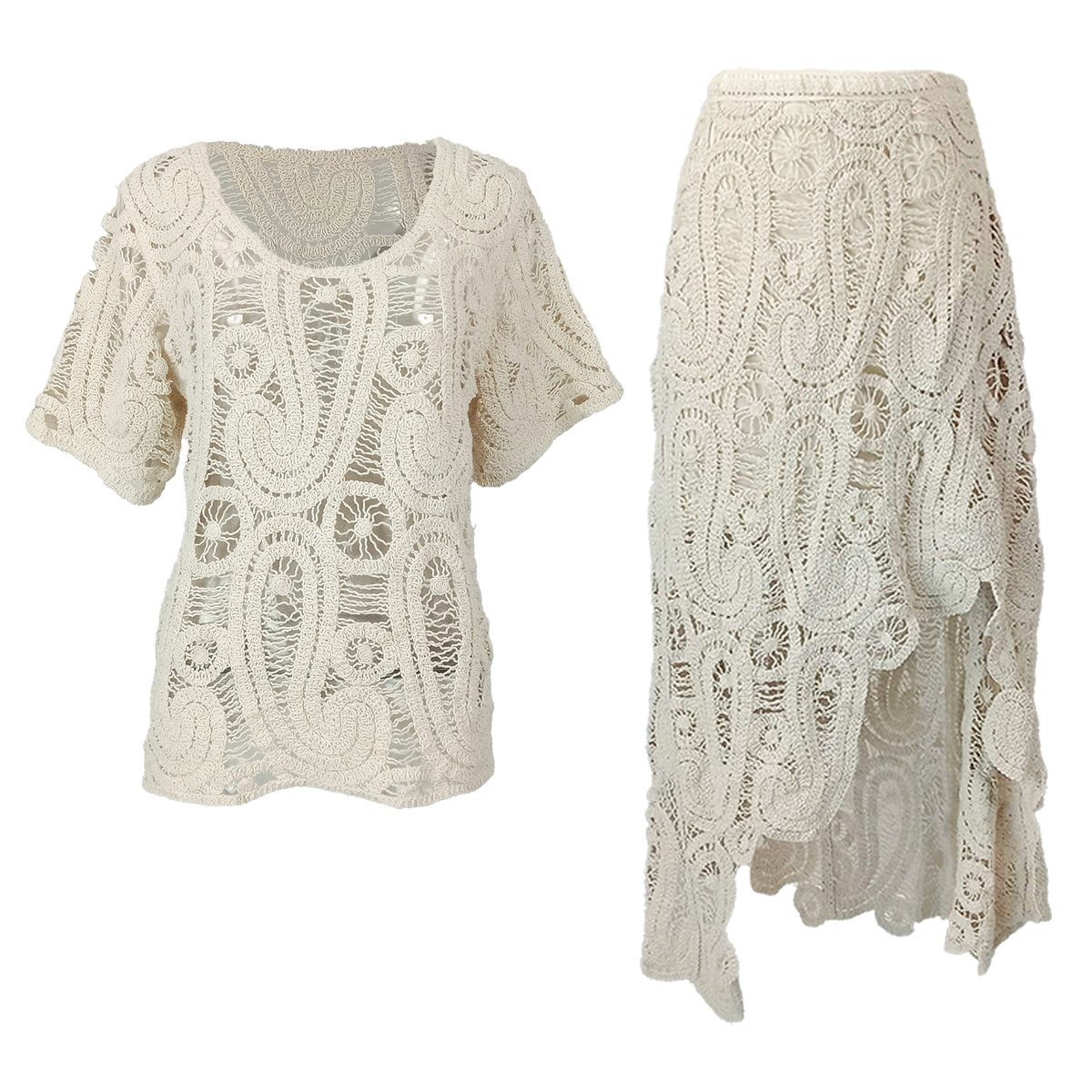 Coachella Luxury Crochet Blouse and Asymmetrical Skirt Paisley