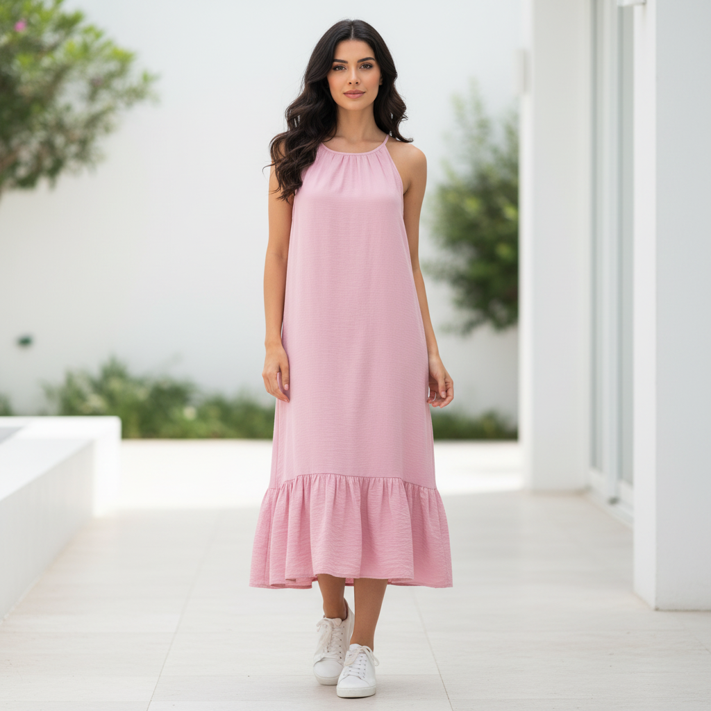 Linen Crepe Spaghetti Halter Dress