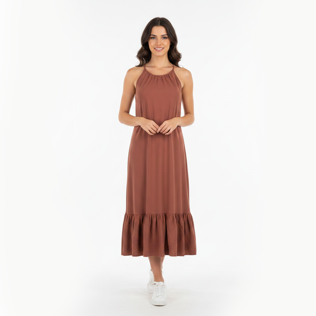 Linen Crepe Spaghetti Halter Dress