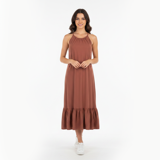 Linen Crepe Spaghetti Halter Dress