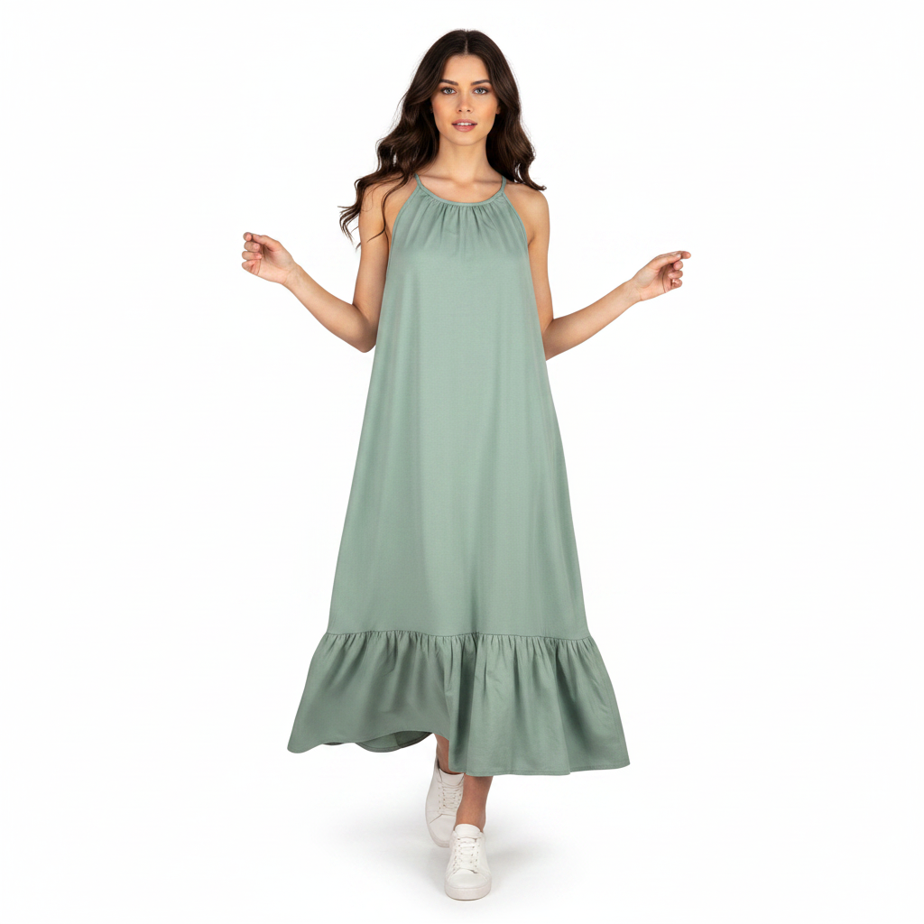 Linen Crepe Spaghetti Halter Dress