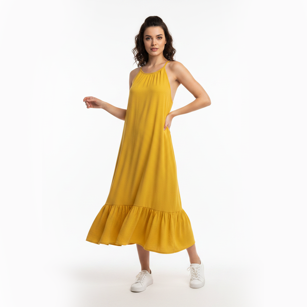 Linen Crepe Spaghetti Halter Dress