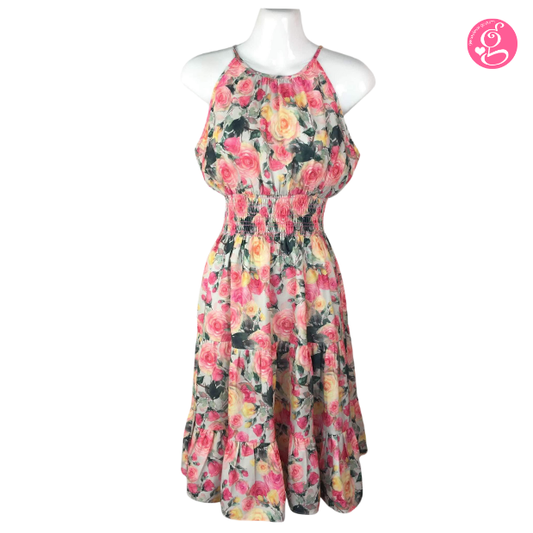 Halter Tea Length Dress in Garden Roses Print