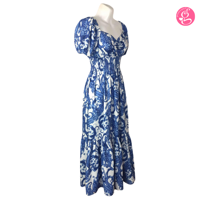 Organic Pastel & Blooms Sweetheart Maxi Dress Blue & White Paisley