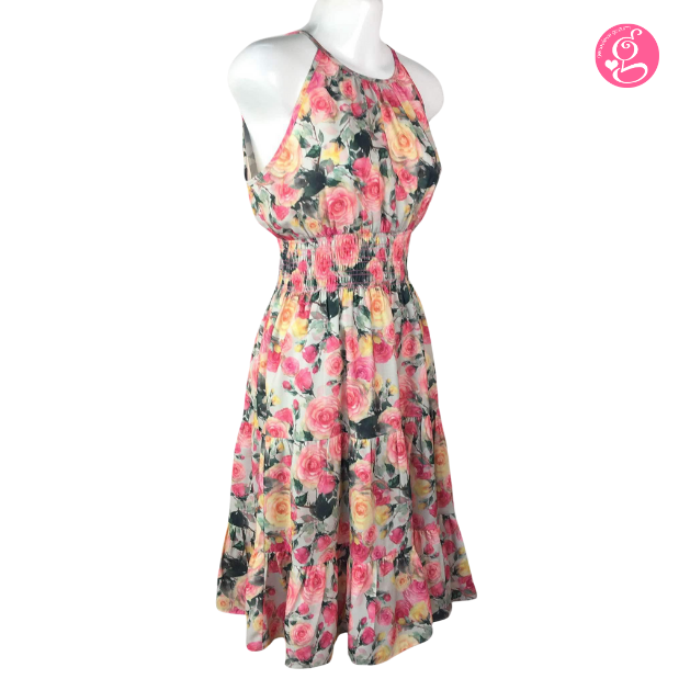 Halter Tea Length Dress in Garden Roses Print