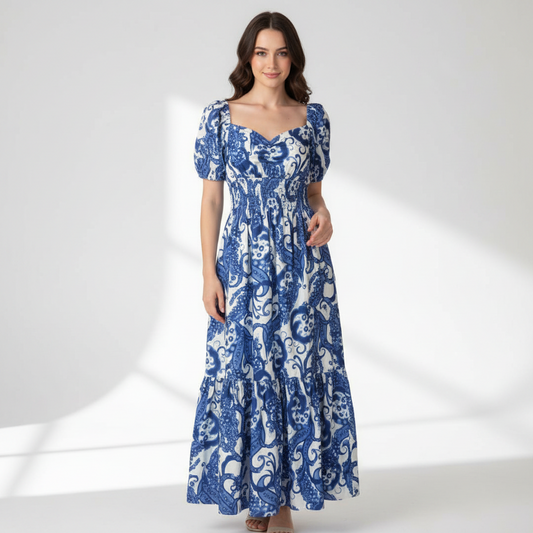 Organic Pastel & Blooms Sweetheart Maxi Dress Blue & White Paisley
