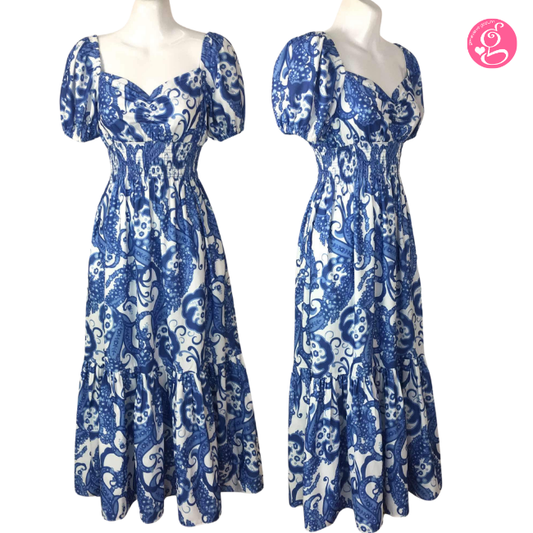 Organic Pastel & Blooms Sweetheart Maxi Dress Blue & White Paisley