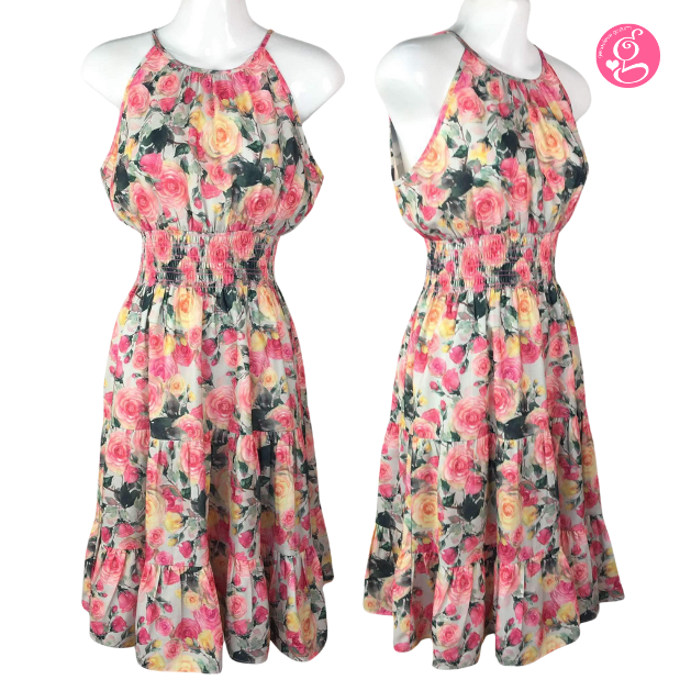 Halter Tea Length Dress in Garden Roses Print