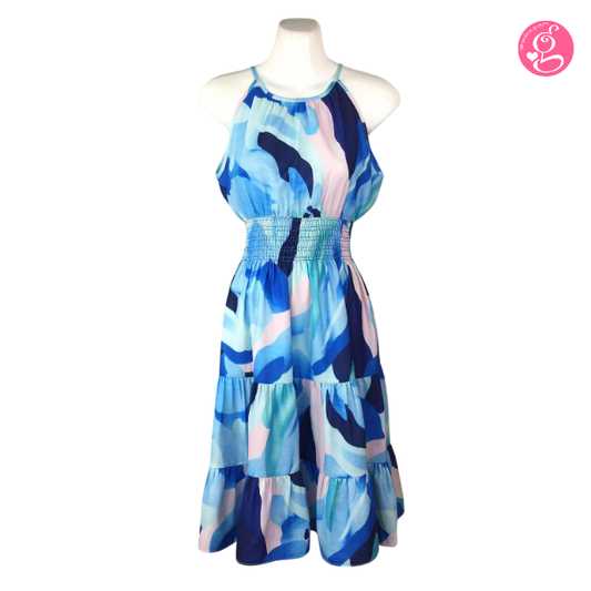 Halter Tea Length Dress in Organic Abstract Blooms