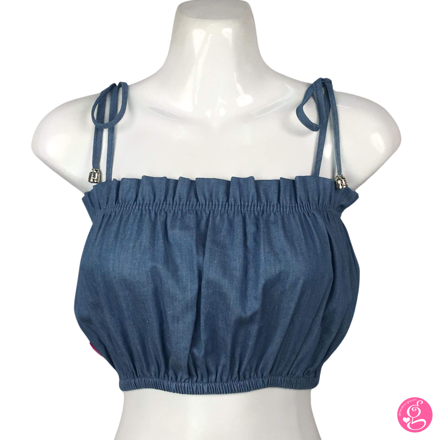 Washed Light Denim Kitty Spaghetti Cropped Top