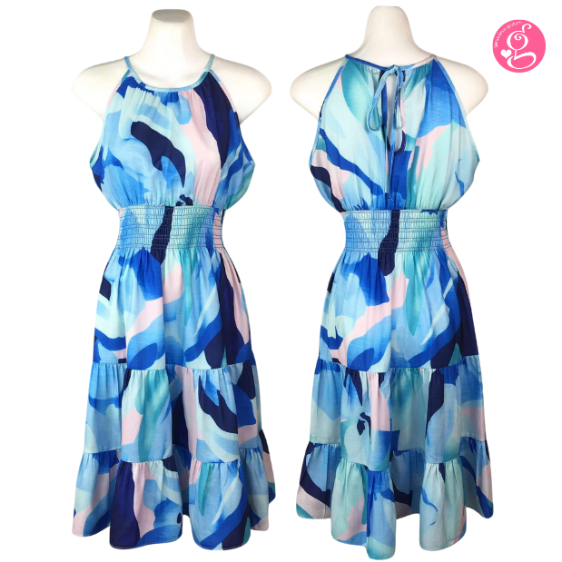 Halter Tea Length Dress in Organic Abstract Blooms