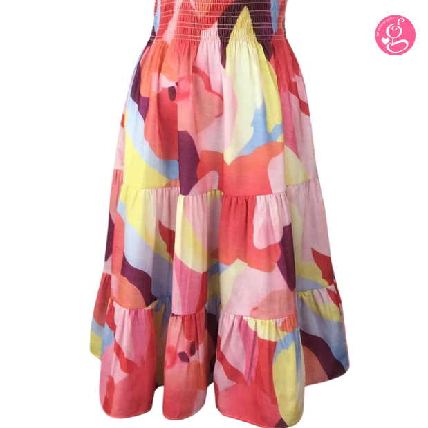 Halter Tea Length Dress in Organic Abstract Blooms