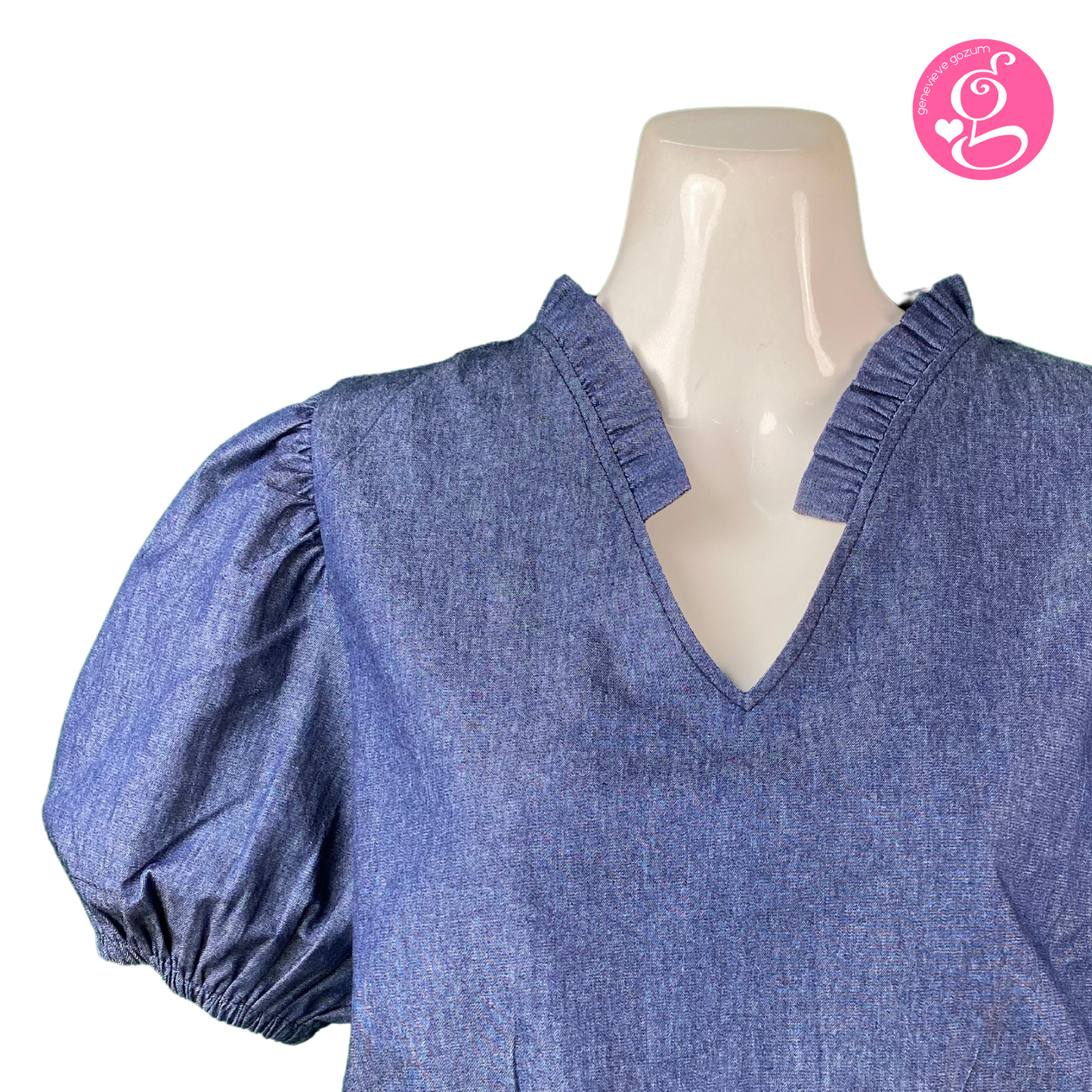 Washed Light Denim Emily V-Neck with Ruffles Blouse