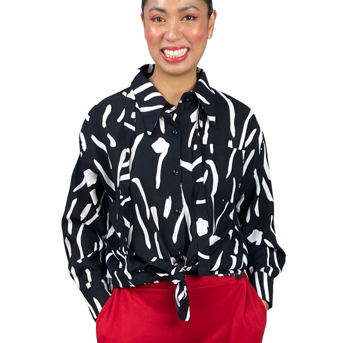 Ebony and Ivory Button Down Polo Blouse Long Sleeves