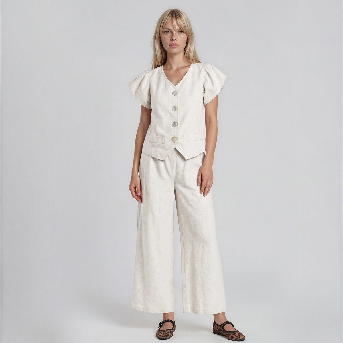 Organic Linen Butterfly Sleeves Vest & Pants Set