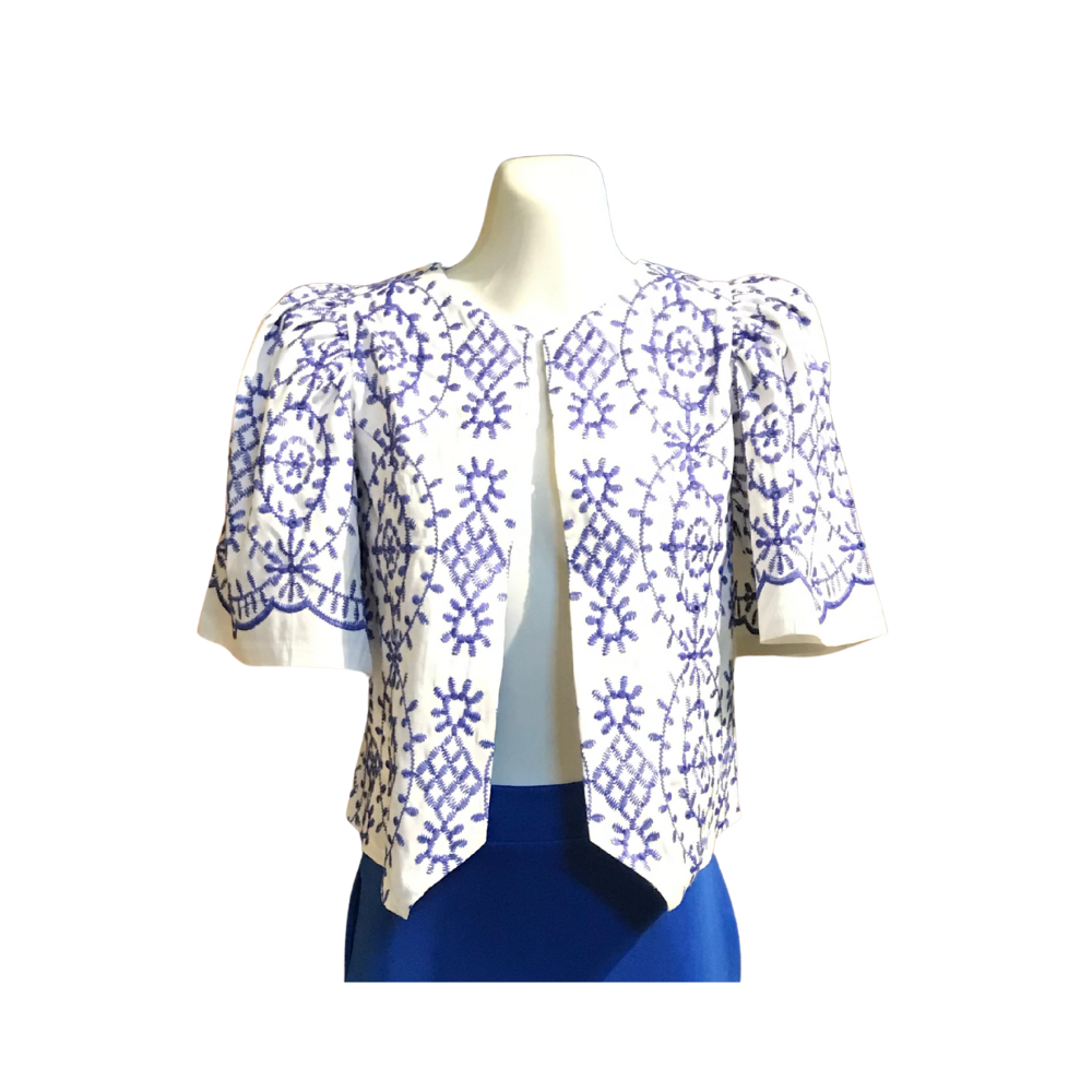 Modern Maria Filipiniana Cardigan - White & Blue Medallion Eyelet