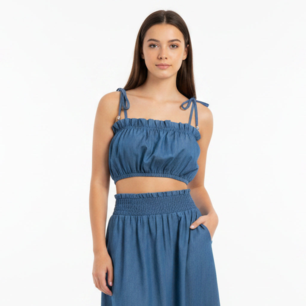 Washed Light Denim Kitty Spaghetti Cropped Top