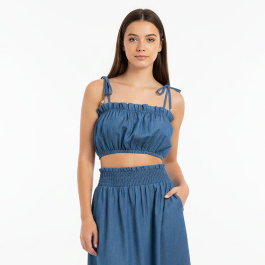 Washed Light Denim Kitty Spaghetti Cropped Top