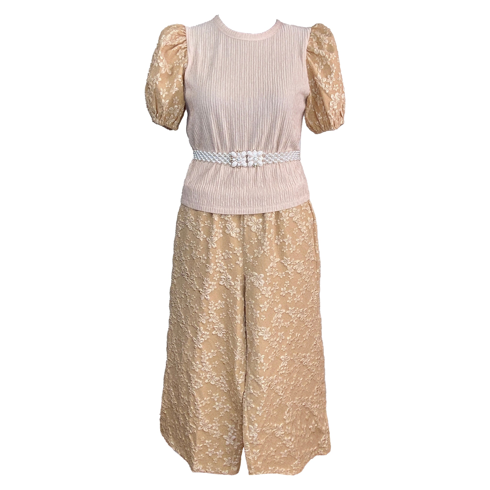 Sweet Embossed Puff Sleeves Blouse and Pants Set