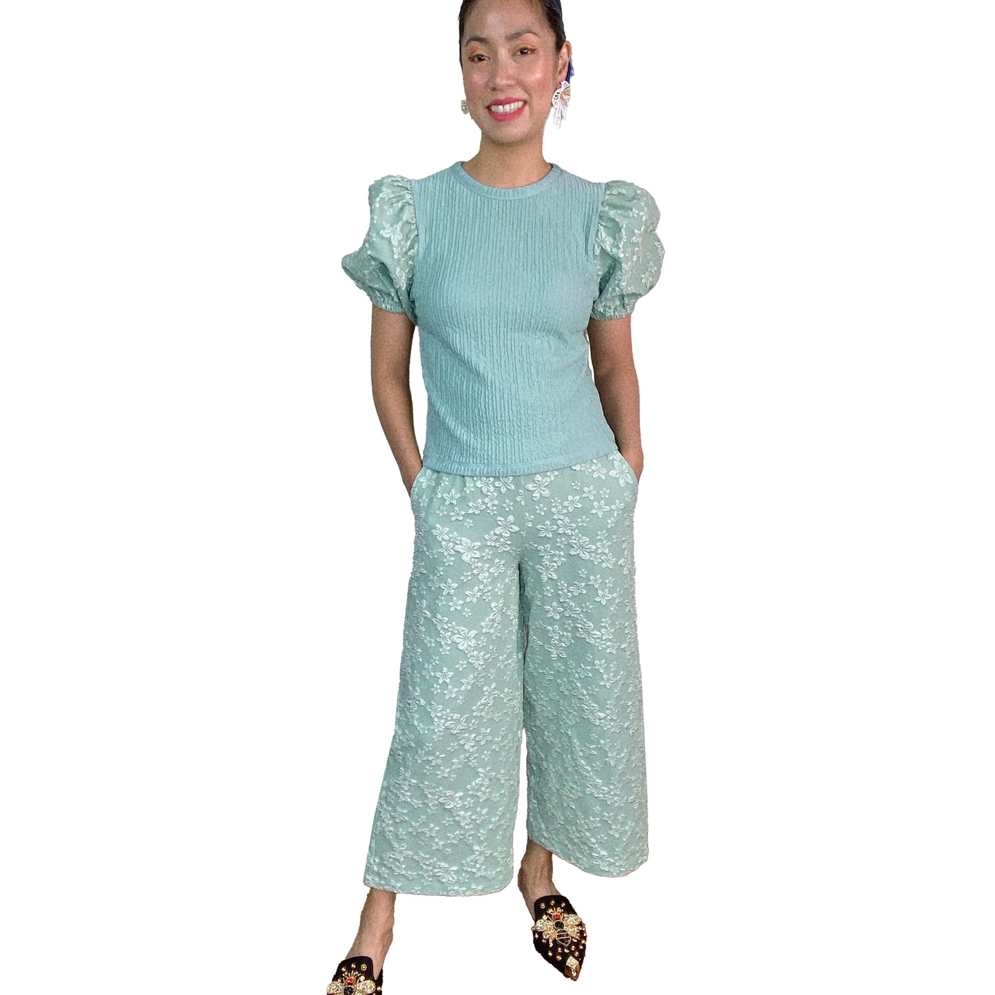 Sweet Embossed Puff Sleeves Blouse and Pants Set