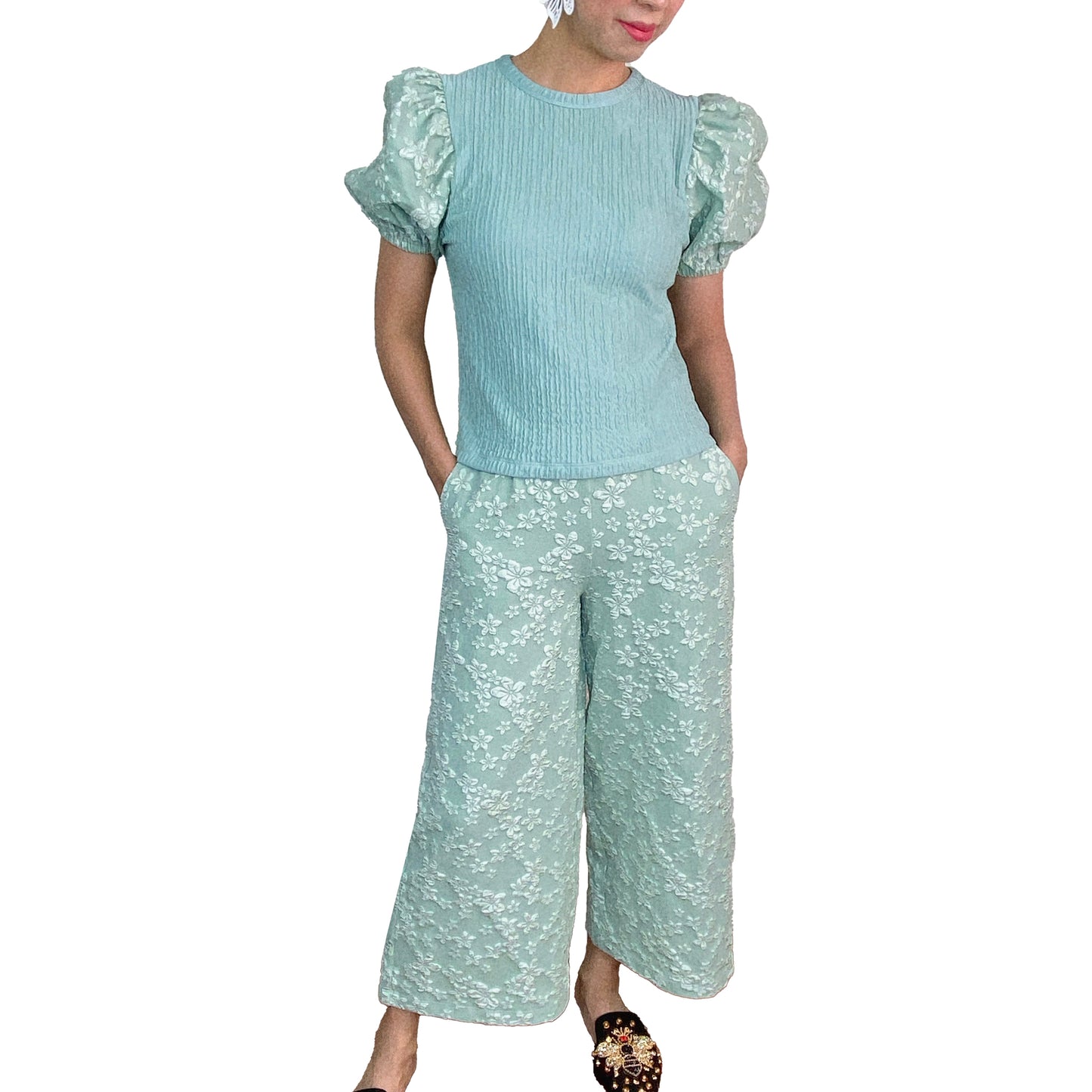 Sweet Embossed Puff Sleeves Blouse and Pants Set
