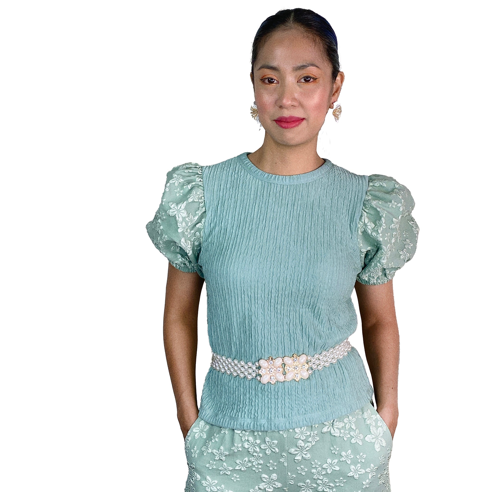 Sweet Embossed Puff Sleeves Blouse and Pants Set