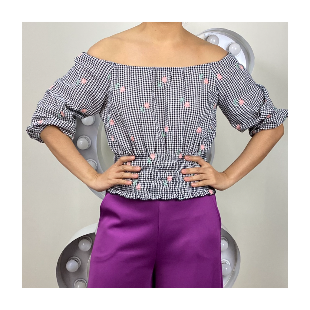 Gingham Japanese Flowers Embroidered Sabrina Blouse