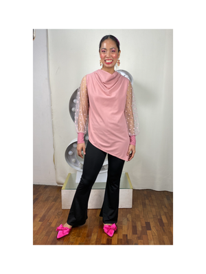 Asymmetrical Cowl Neck with Dotted Tulle Sleeves Blouse Plain